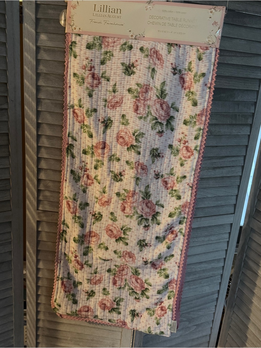 NWT Lillian August Pink Floral Quilted Table Runner Scalloped Lace